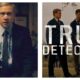 A 50/50 split image with the actor Martin Freeman on the left looking really shocked. On the right is a photo of two men staring down at something out of frame. Over the right photo is the title of the show it's from:True Detective.