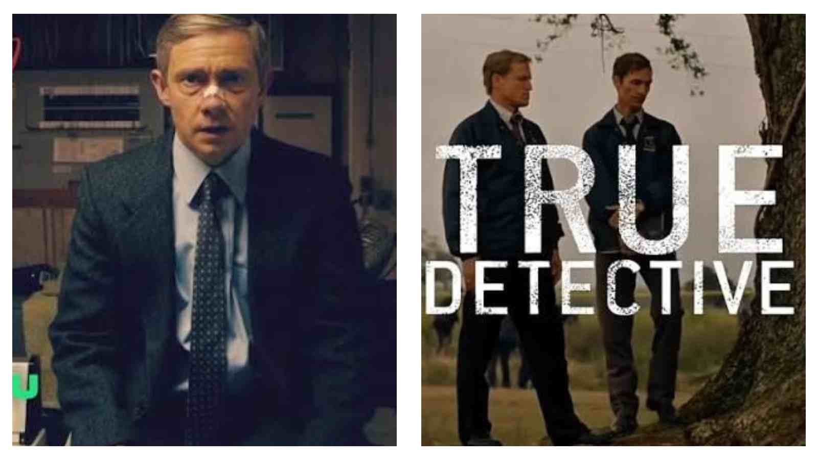 A 50/50 split image with the actor Martin Freeman on the left looking really shocked. On the right is a photo of two men staring down at something out of frame. Over the right photo is the title of the show it's from:True Detective.