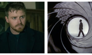 Side-by-side images: on the left, actor Jack Lowden with a serious expression and light stubble wearing a dark jacket; on the right, the iconic James Bond gun barrel view showing a silhouetted figure in a suit and trilby hat walking across a white circle.