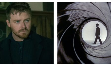 Side-by-side images: on the left, actor Jack Lowden with a serious expression and light stubble wearing a dark jacket; on the right, the iconic James Bond gun barrel view showing a silhouetted figure in a suit and trilby hat walking across a white circle.