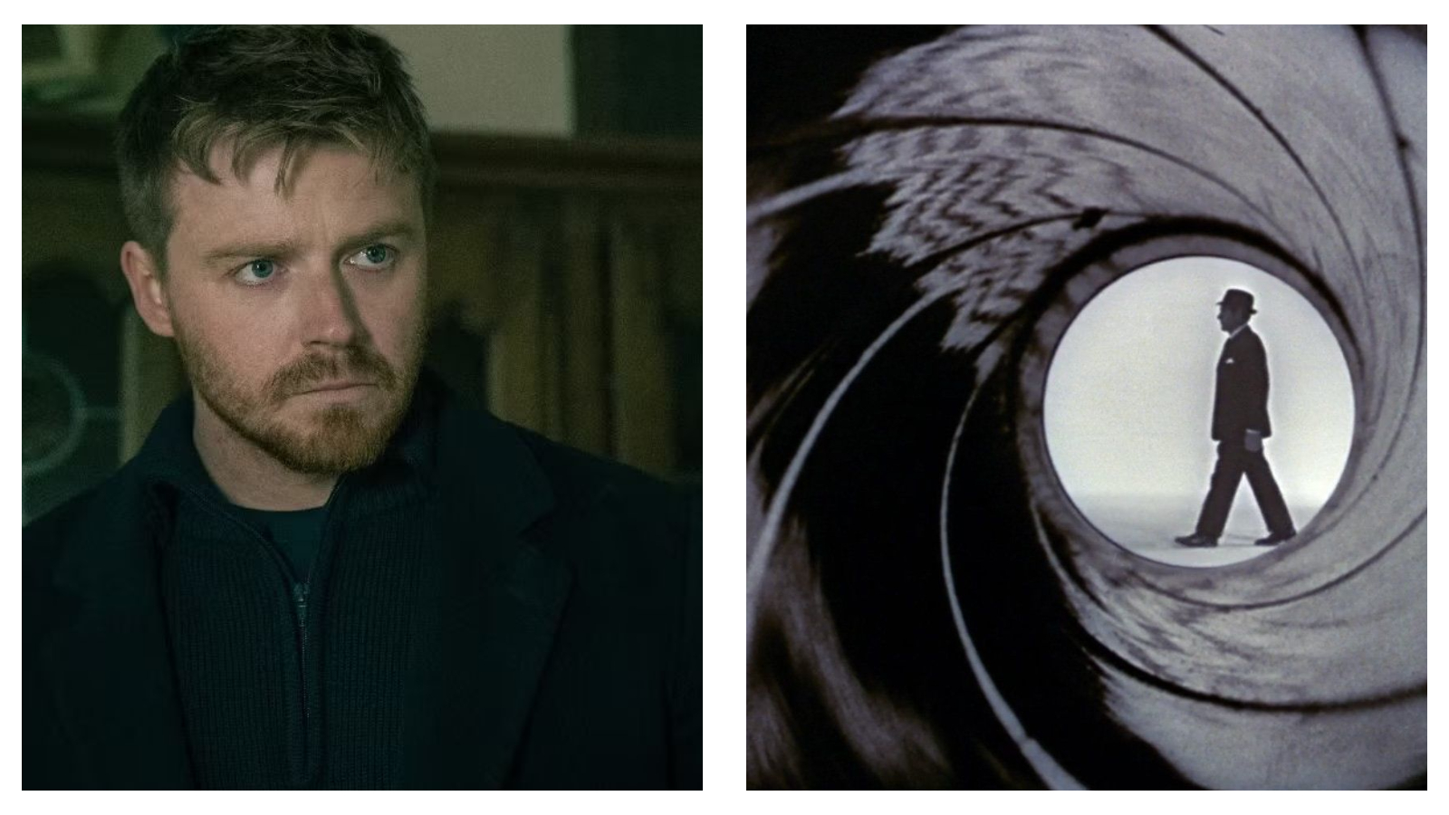 Side-by-side images: on the left, actor Jack Lowden with a serious expression and light stubble wearing a dark jacket; on the right, the iconic James Bond gun barrel view showing a silhouetted figure in a suit and trilby hat walking across a white circle.