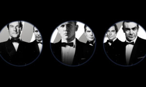 Three circular black-and-white portraits against a dark background, each framing two James Bond actors wearing dinner suits and bow ties: Roger Moore and George Lazenby on the left, Daniel Craig and Pierce Brosnan in the centre, and Timothy Dalton and Sean Connery on the right.