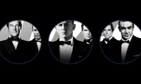 Three circular black-and-white portraits against a dark background, each framing two James Bond actors wearing dinner suits and bow ties: Roger Moore and George Lazenby on the left, Daniel Craig and Pierce Brosnan in the centre, and Timothy Dalton and Sean Connery on the right.