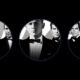 Three circular black-and-white portraits against a dark background, each framing two James Bond actors wearing dinner suits and bow ties: Roger Moore and George Lazenby on the left, Daniel Craig and Pierce Brosnan in the centre, and Timothy Dalton and Sean Connery on the right.