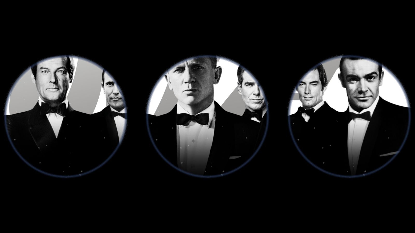 Three circular black-and-white portraits against a dark background, each framing two James Bond actors wearing dinner suits and bow ties: Roger Moore and George Lazenby on the left, Daniel Craig and Pierce Brosnan in the centre, and Timothy Dalton and Sean Connery on the right.