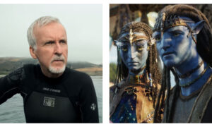 Side-by-side comparison of filmmaker James Cameron wearing a black wetsuit outdoors next to a shot of two blue Na'vi characters wearing woven headpieces from Avatar: The Way of Water.