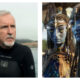 Side-by-side comparison of filmmaker James Cameron wearing a black wetsuit outdoors next to a shot of two blue Na'vi characters wearing woven headpieces from Avatar: The Way of Water.