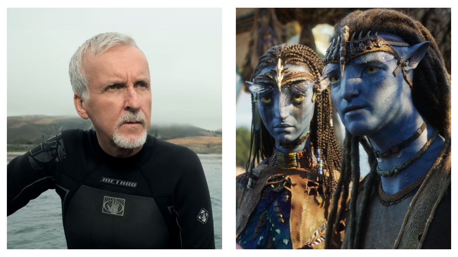 Side-by-side comparison of filmmaker James Cameron wearing a black wetsuit outdoors next to a shot of two blue Na'vi characters wearing woven headpieces from Avatar: The Way of Water.