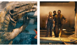 Side-by-side film stills from Jurassic World Rebirth: on the left, a scaly, yellow-and-green aquatic dinosaur reaches its clawed limb out of churning water; on the right, Scarlett Johansson, Mahershala Ali, and Jonathan Bailey stand together inside an industrial facility, gazing upward with apprehensive expressions.