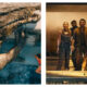 Side-by-side film stills from Jurassic World Rebirth: on the left, a scaly, yellow-and-green aquatic dinosaur reaches its clawed limb out of churning water; on the right, Scarlett Johansson, Mahershala Ali, and Jonathan Bailey stand together inside an industrial facility, gazing upward with apprehensive expressions.