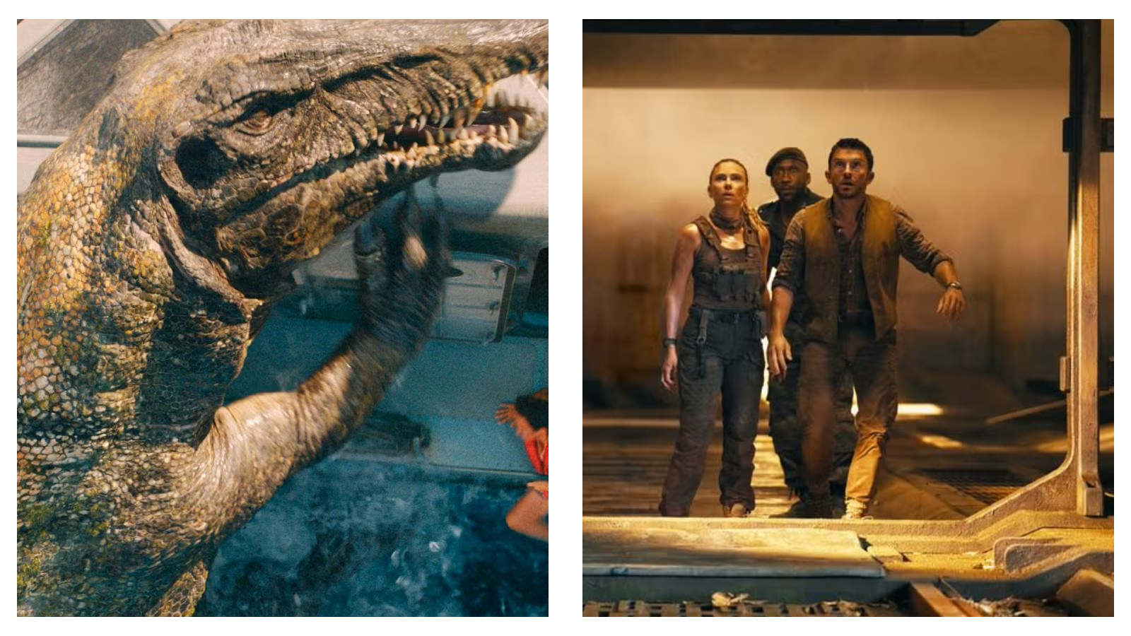 Side-by-side film stills from Jurassic World Rebirth: on the left, a scaly, yellow-and-green aquatic dinosaur reaches its clawed limb out of churning water; on the right, Scarlett Johansson, Mahershala Ali, and Jonathan Bailey stand together inside an industrial facility, gazing upward with apprehensive expressions.