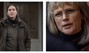 Side-by-side comparison of actors Kate Winslet and Maxine Peake in dramatic roles. On the left, Kate Winslet stands outdoors wearing a dark brown winter coat and black scarf with a serious expression. On the right, a close-up of Maxine Peake wearing oval glasses and looking intently slightly off-camera.