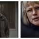 Side-by-side comparison of actors Kate Winslet and Maxine Peake in dramatic roles. On the left, Kate Winslet stands outdoors wearing a dark brown winter coat and black scarf with a serious expression. On the right, a close-up of Maxine Peake wearing oval glasses and looking intently slightly off-camera.