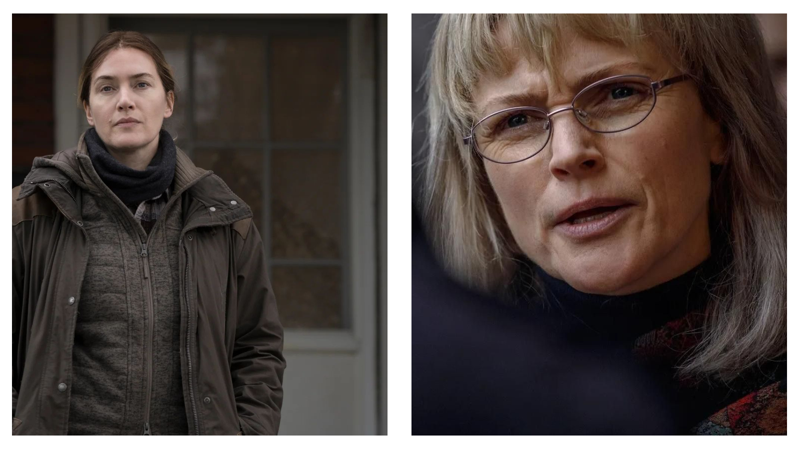 Side-by-side comparison of actors Kate Winslet and Maxine Peake in dramatic roles. On the left, Kate Winslet stands outdoors wearing a dark brown winter coat and black scarf with a serious expression. On the right, a close-up of Maxine Peake wearing oval glasses and looking intently slightly off-camera.