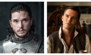 Side-by-side portrait comparison. On the left, Kit Harington as Jon Snow in grey metal armour with a direwolf emblem, looking forward with a serious expression. On the right, Nicholas Hoult in period clothing featuring an open-collared shirt and dark waistcoat, sitting in an ornate wooden chair while looking upward to the right.