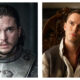 Side-by-side portrait comparison. On the left, Kit Harington as Jon Snow in grey metal armour with a direwolf emblem, looking forward with a serious expression. On the right, Nicholas Hoult in period clothing featuring an open-collared shirt and dark waistcoat, sitting in an ornate wooden chair while looking upward to the right.