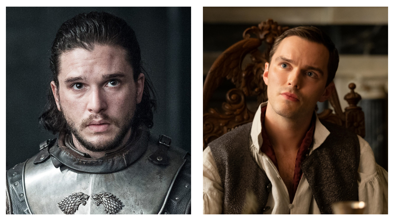 Side-by-side portrait comparison. On the left, Kit Harington as Jon Snow in grey metal armour with a direwolf emblem, looking forward with a serious expression. On the right, Nicholas Hoult in period clothing featuring an open-collared shirt and dark waistcoat, sitting in an ornate wooden chair while looking upward to the right.