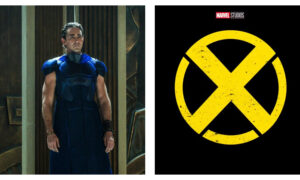 Lee Pace in dark blue armor stands next to a yellow Marvel Studios X-Men logo on a black background.