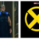 Lee Pace in dark blue armor stands next to a yellow Marvel Studios X-Men logo on a black background.