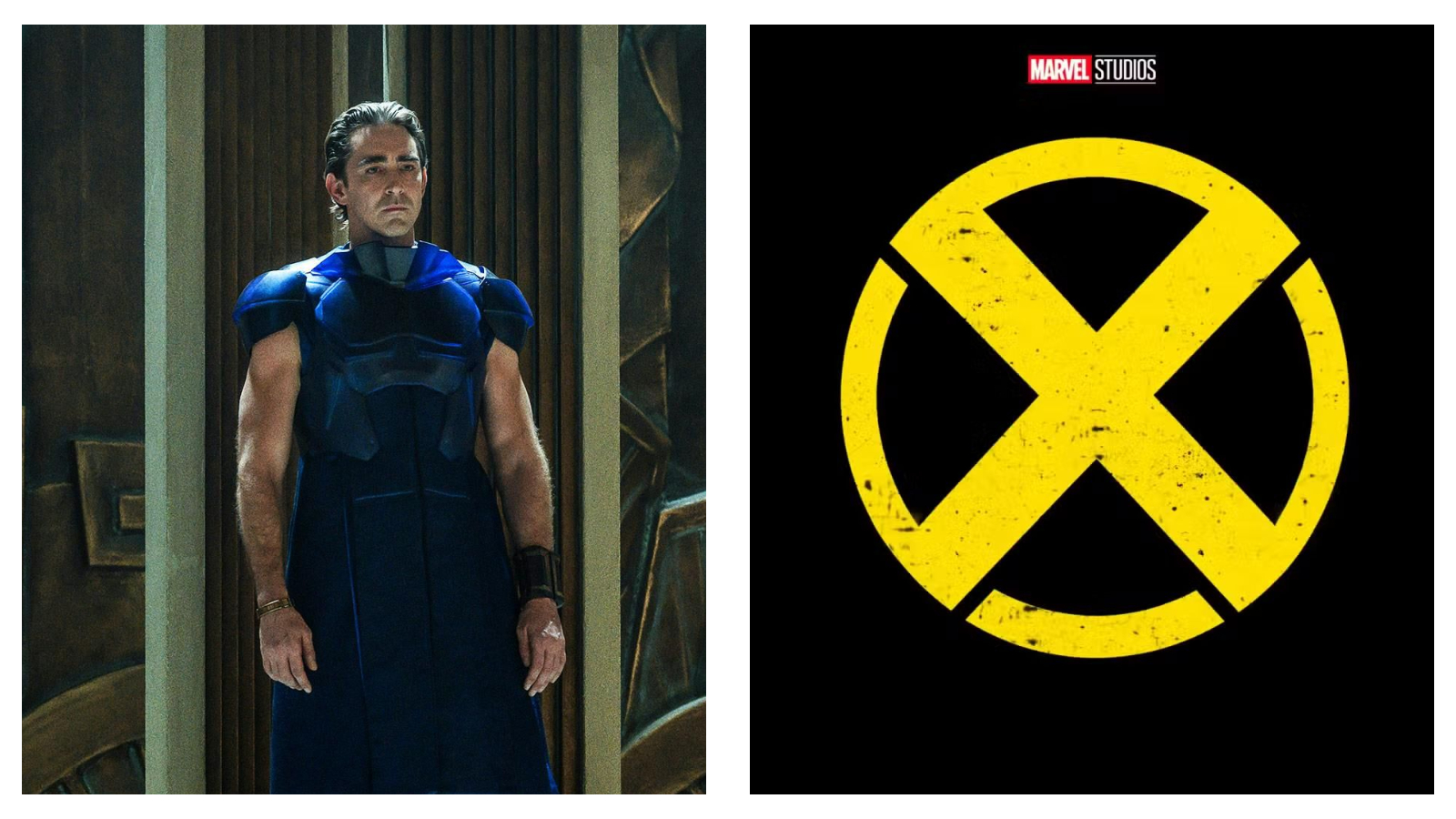 Lee Pace in dark blue armor stands next to a yellow Marvel Studios X-Men logo on a black background.