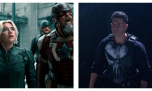 Side-by-side comparison of Marvel characters looking up with wide eyes: Yelena Belova, U.S. Agent, and Red Guardian on the left, alongside the Punisher wearing his tactical skull vest on the right.