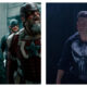 Side-by-side comparison of Marvel characters looking up with wide eyes: Yelena Belova, U.S. Agent, and Red Guardian on the left, alongside the Punisher wearing his tactical skull vest on the right.