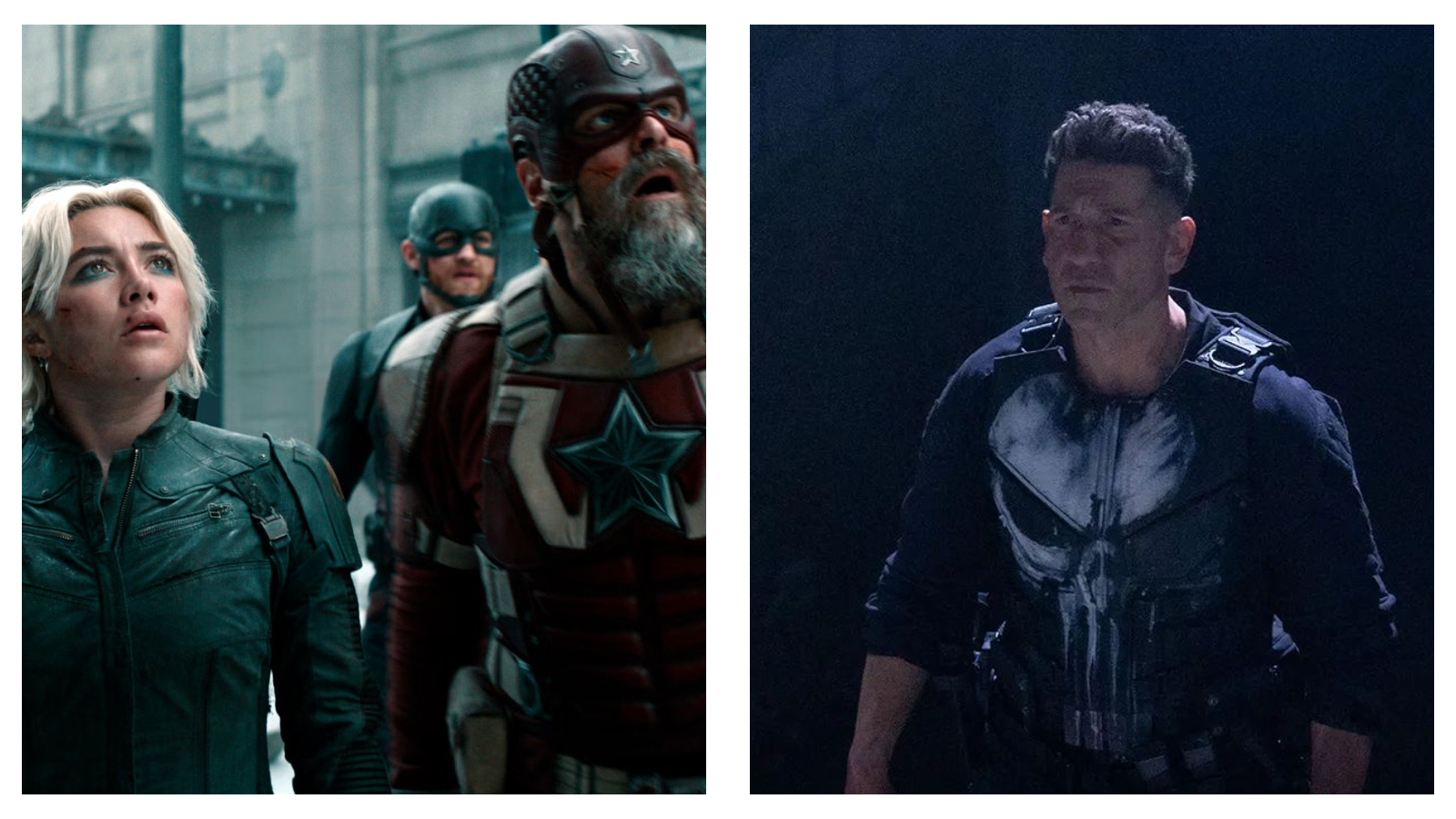 Side-by-side comparison of Marvel characters looking up with wide eyes: Yelena Belova, U.S. Agent, and Red Guardian on the left, alongside the Punisher wearing his tactical skull vest on the right.