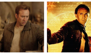 A side-by-side photo comparison of Nicolas Cage as Benjamin Gates from National Treasure. On the left, he wears a brown jacket and beige shirt, looking down with a troubled expression in a dusty stone room. On the right, bathed in warm amber light against a background of faint historical text, he reaches forward with a determined look.