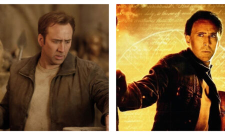 A side-by-side photo comparison of Nicolas Cage as Benjamin Gates from National Treasure. On the left, he wears a brown jacket and beige shirt, looking down with a troubled expression in a dusty stone room. On the right, bathed in warm amber light against a background of faint historical text, he reaches forward with a determined look.