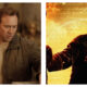 A side-by-side photo comparison of Nicolas Cage as Benjamin Gates from National Treasure. On the left, he wears a brown jacket and beige shirt, looking down with a troubled expression in a dusty stone room. On the right, bathed in warm amber light against a background of faint historical text, he reaches forward with a determined look.
