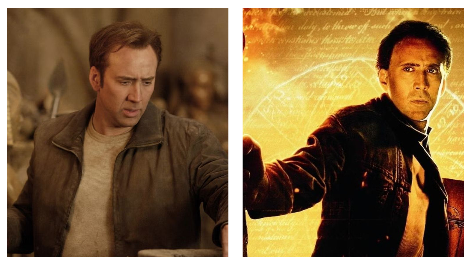 A side-by-side photo comparison of Nicolas Cage as Benjamin Gates from National Treasure. On the left, he wears a brown jacket and beige shirt, looking down with a troubled expression in a dusty stone room. On the right, bathed in warm amber light against a background of faint historical text, he reaches forward with a determined look.