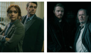 Split-screen stills featuring characters from the television series Slow Horses with concerned and tense expressions. On the left, Olivia Cooke with folded arms in a tweed coat stands beside Paul Higgins in a grey suit and tie in a dimly lit office. On the right, Jack Lowden in a dark jacket stands beside Gary Oldman wearing glasses, an unbuttoned striped shirt, and a loose tie in dark surroundings.