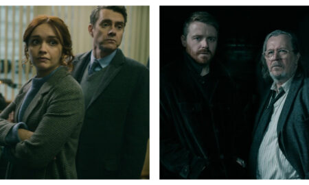 Split-screen stills featuring characters from the television series Slow Horses with concerned and tense expressions. On the left, Olivia Cooke with folded arms in a tweed coat stands beside Paul Higgins in a grey suit and tie in a dimly lit office. On the right, Jack Lowden in a dark jacket stands beside Gary Oldman wearing glasses, an unbuttoned striped shirt, and a loose tie in dark surroundings.