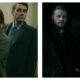 Split-screen stills featuring characters from the television series Slow Horses with concerned and tense expressions. On the left, Olivia Cooke with folded arms in a tweed coat stands beside Paul Higgins in a grey suit and tie in a dimly lit office. On the right, Jack Lowden in a dark jacket stands beside Gary Oldman wearing glasses, an unbuttoned striped shirt, and a loose tie in dark surroundings.