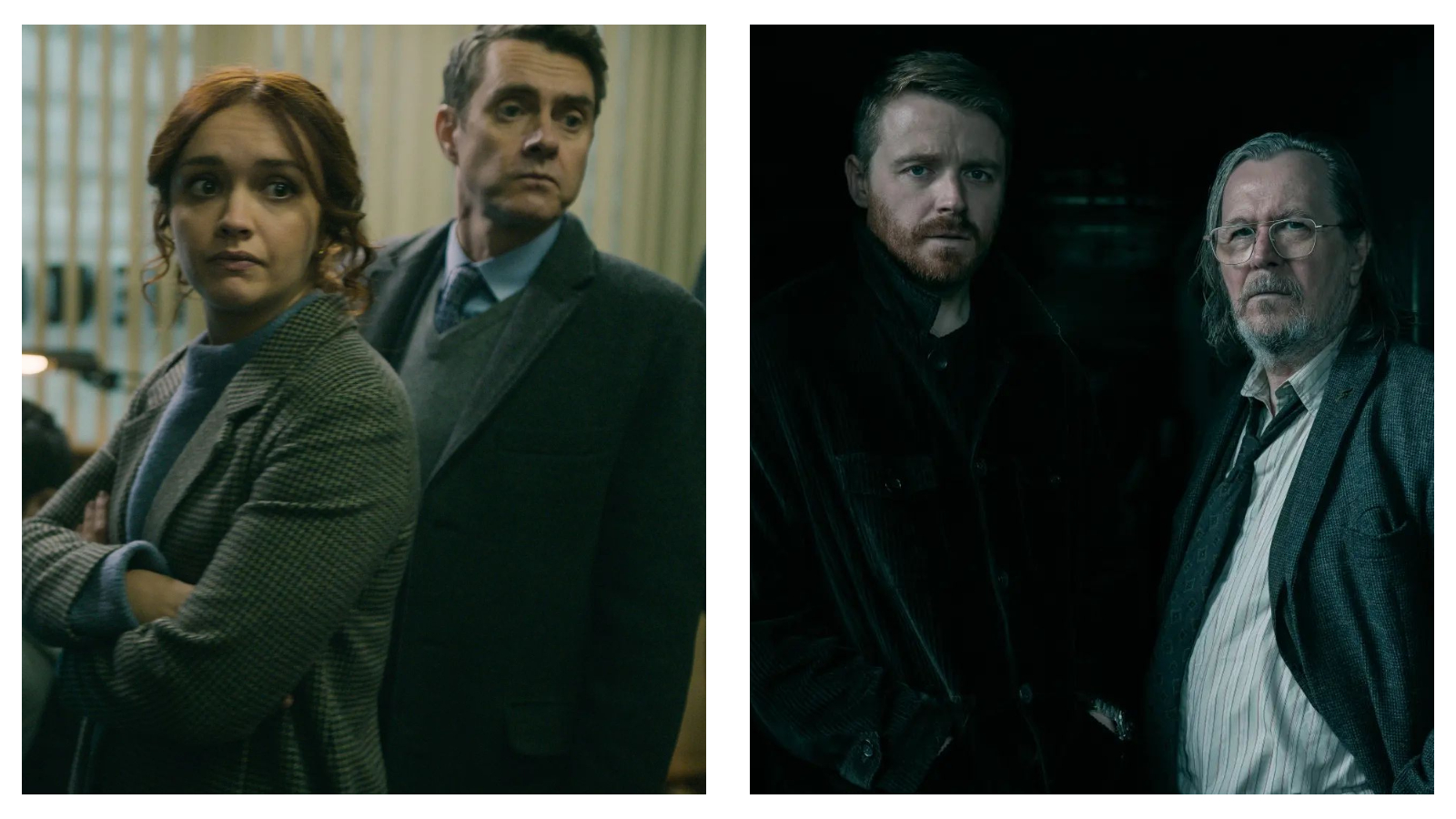 Split-screen stills featuring characters from the television series Slow Horses with concerned and tense expressions. On the left, Olivia Cooke with folded arms in a tweed coat stands beside Paul Higgins in a grey suit and tie in a dimly lit office. On the right, Jack Lowden in a dark jacket stands beside Gary Oldman wearing glasses, an unbuttoned striped shirt, and a loose tie in dark surroundings.