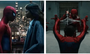Side-by-side panel showing Spider-Man face-to-face with MJ on a rooftop at night, alongside Spider-Man catching a katana blade with a web-shield while surrounded by red-suited ninjas.