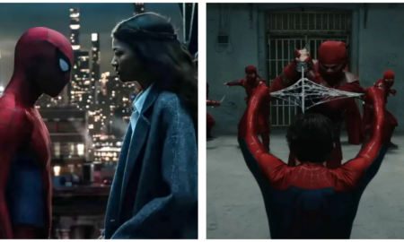 Side-by-side panel showing Spider-Man face-to-face with MJ on a rooftop at night, alongside Spider-Man catching a katana blade with a web-shield while surrounded by red-suited ninjas.