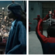 Side-by-side panel showing Spider-Man face-to-face with MJ on a rooftop at night, alongside Spider-Man catching a katana blade with a web-shield while surrounded by red-suited ninjas.