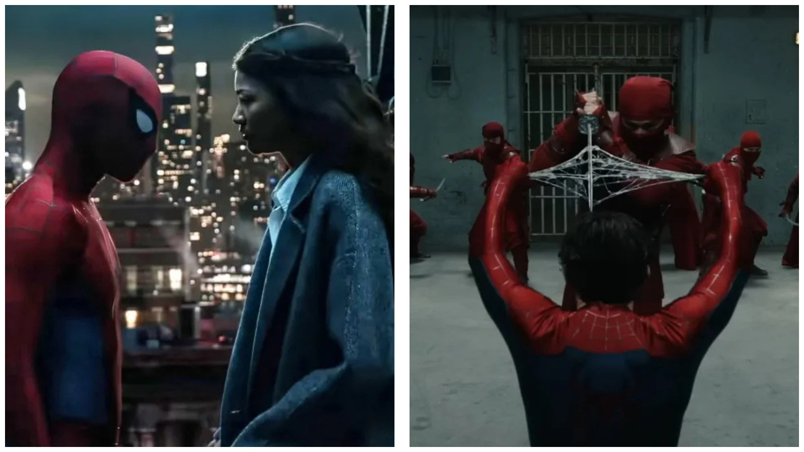 Side-by-side panel showing Spider-Man face-to-face with MJ on a rooftop at night, alongside Spider-Man catching a katana blade with a web-shield while surrounded by red-suited ninjas.