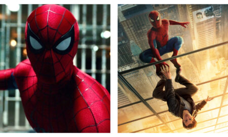 Side-by-side comparison of Spider-Man: on the left, a close-up of Spider-Man in his classic red and blue textured suit against a blurred urban backdrop; on the right, Spider-Man crouches on a glass roof above a city while reflection shows Peter Parker in casual clothes hanging upside down beneath him.