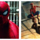 Side-by-side comparison of Spider-Man: on the left, a close-up of Spider-Man in his classic red and blue textured suit against a blurred urban backdrop; on the right, Spider-Man crouches on a glass roof above a city while reflection shows Peter Parker in casual clothes hanging upside down beneath him.