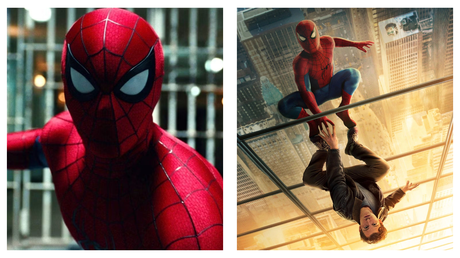 Side-by-side comparison of Spider-Man: on the left, a close-up of Spider-Man in his classic red and blue textured suit against a blurred urban backdrop; on the right, Spider-Man crouches on a glass roof above a city while reflection shows Peter Parker in casual clothes hanging upside down beneath him.
