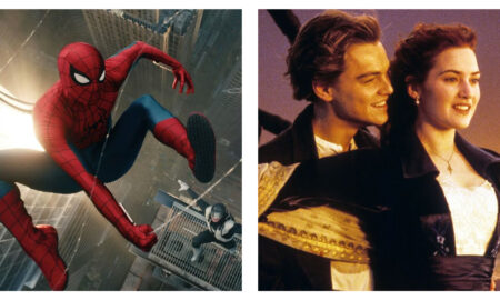 Side-by-side comparison featuring Spider-Man leaping mid-air between New York skyscrapers on the left, and Jack and Rose embracing at the bow of the ship from the film Titanic on the right.