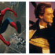 Side-by-side comparison featuring Spider-Man leaping mid-air between New York skyscrapers on the left, and Jack and Rose embracing at the bow of the ship from the film Titanic on the right.