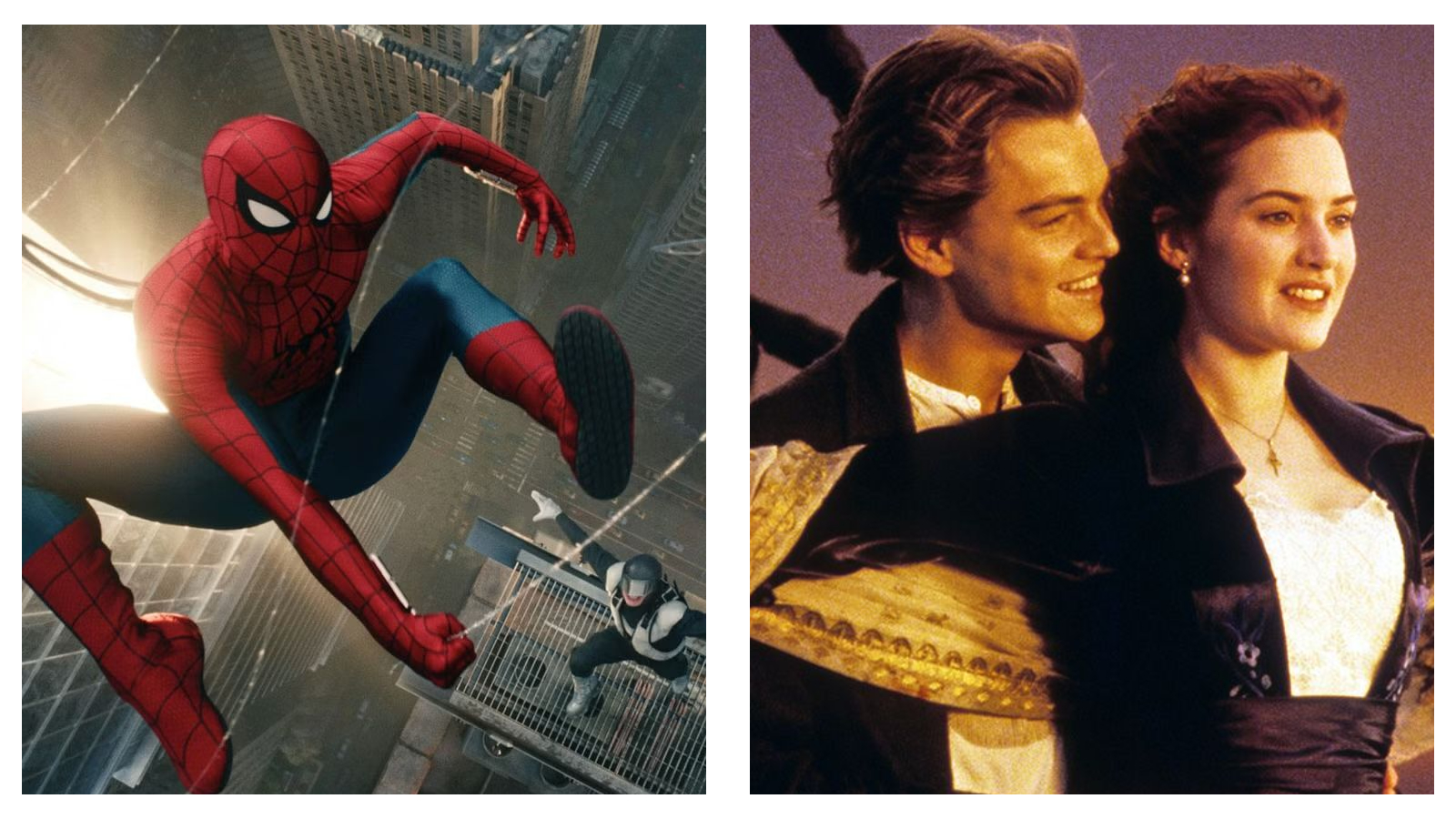 Side-by-side comparison featuring Spider-Man leaping mid-air between New York skyscrapers on the left, and Jack and Rose embracing at the bow of the ship from the film Titanic on the right.