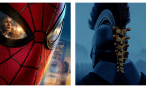 Side-by-side movie posters: the left panel shows a close-up of Spider-Man’s red suit reflecting a woman against a city sunset in the eye lens, while the right panel shows the back of a helmeted warrior with a golden spine-like detail down the back against a dark blue background.