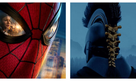 Side-by-side movie posters: the left panel shows a close-up of Spider-Man’s red suit reflecting a woman against a city sunset in the eye lens, while the right panel shows the back of a helmeted warrior with a golden spine-like detail down the back against a dark blue background.