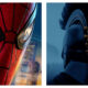 Side-by-side movie posters: the left panel shows a close-up of Spider-Man’s red suit reflecting a woman against a city sunset in the eye lens, while the right panel shows the back of a helmeted warrior with a golden spine-like detail down the back against a dark blue background.