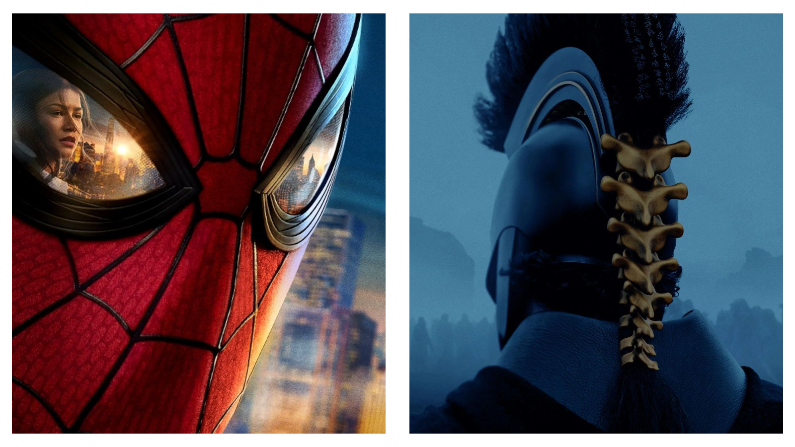 Side-by-side movie posters: the left panel shows a close-up of Spider-Man’s red suit reflecting a woman against a city sunset in the eye lens, while the right panel shows the back of a helmeted warrior with a golden spine-like detail down the back against a dark blue background.