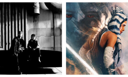 Side-by-side split image featuring two Star Wars character stills. On the left, a black-and-white photograph shows two men wearing dark jackets seated against an industrial metallic backdrop. On the right, a colourful artwork shows Ahsoka Tano in profile wearing her striped head-tails and arm wraps, with a faint, glowing-eyed face overlaid in the background and a bright beam of light cutting diagonally across the bottom.